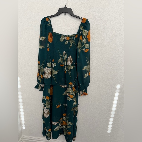 Simplee Emerald Green Orange Floral Long Sleeve Dress Tiered Smocked.Size XL - Picture 3 of 9